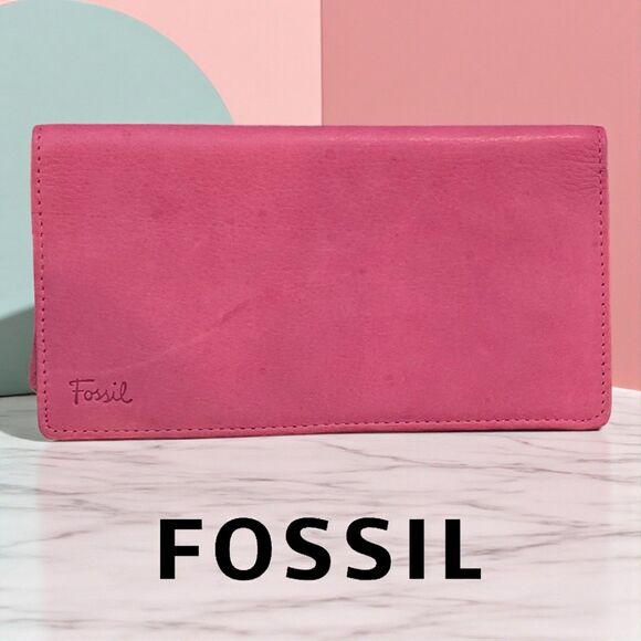 Fossil Fuchsia Deep Rose Leather Checkbook Wallet With Card Slots Slim Design - Picture 1 of 8
